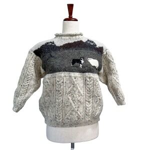 Tivoli Aran Sweater Girls Size 11/13 Sheepdog Sheep Vintage 90s Cable Knit Wool